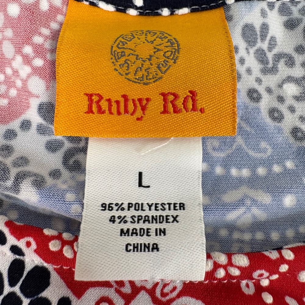Ruby Rd Womens 3/4 Tiered Flounce Sleeve Bandana Patchwork Top Red Blue L Boho - Picture 6 of 11